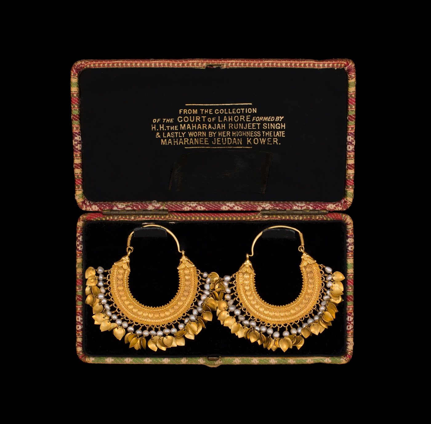 Pair of gold earrings in a fitted case inscribed to the collection of the Court of Lahore and Maharani Jind Kaur