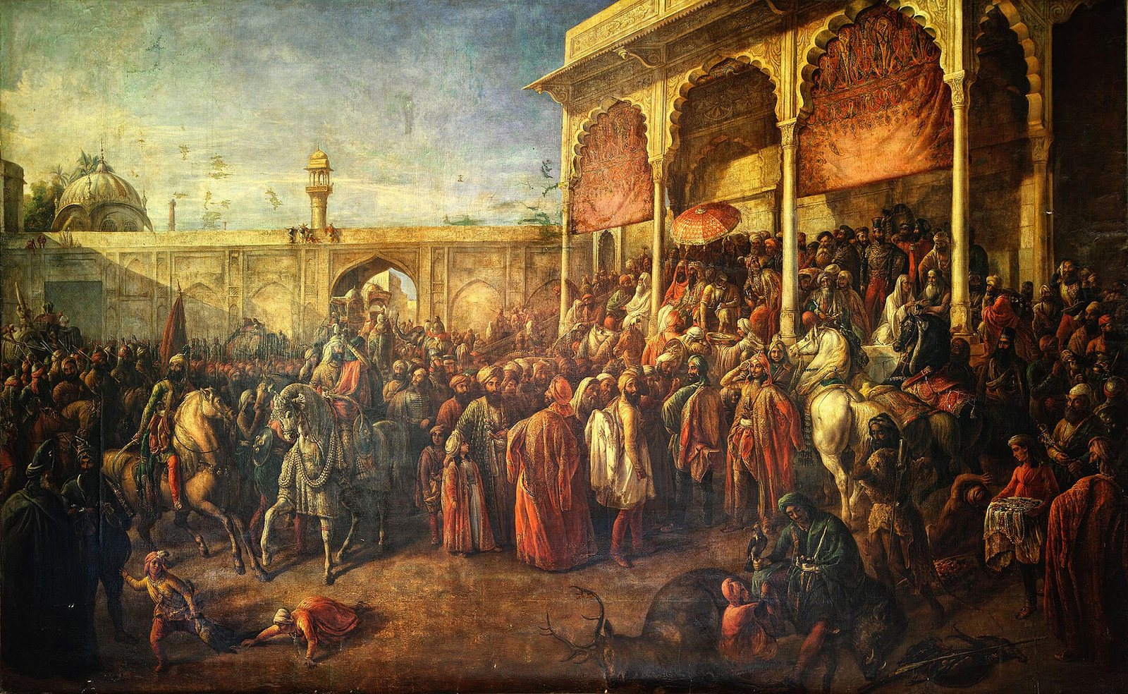 The Court of Lahore — oil painting by August Schoefft showing a crowded royal court scene