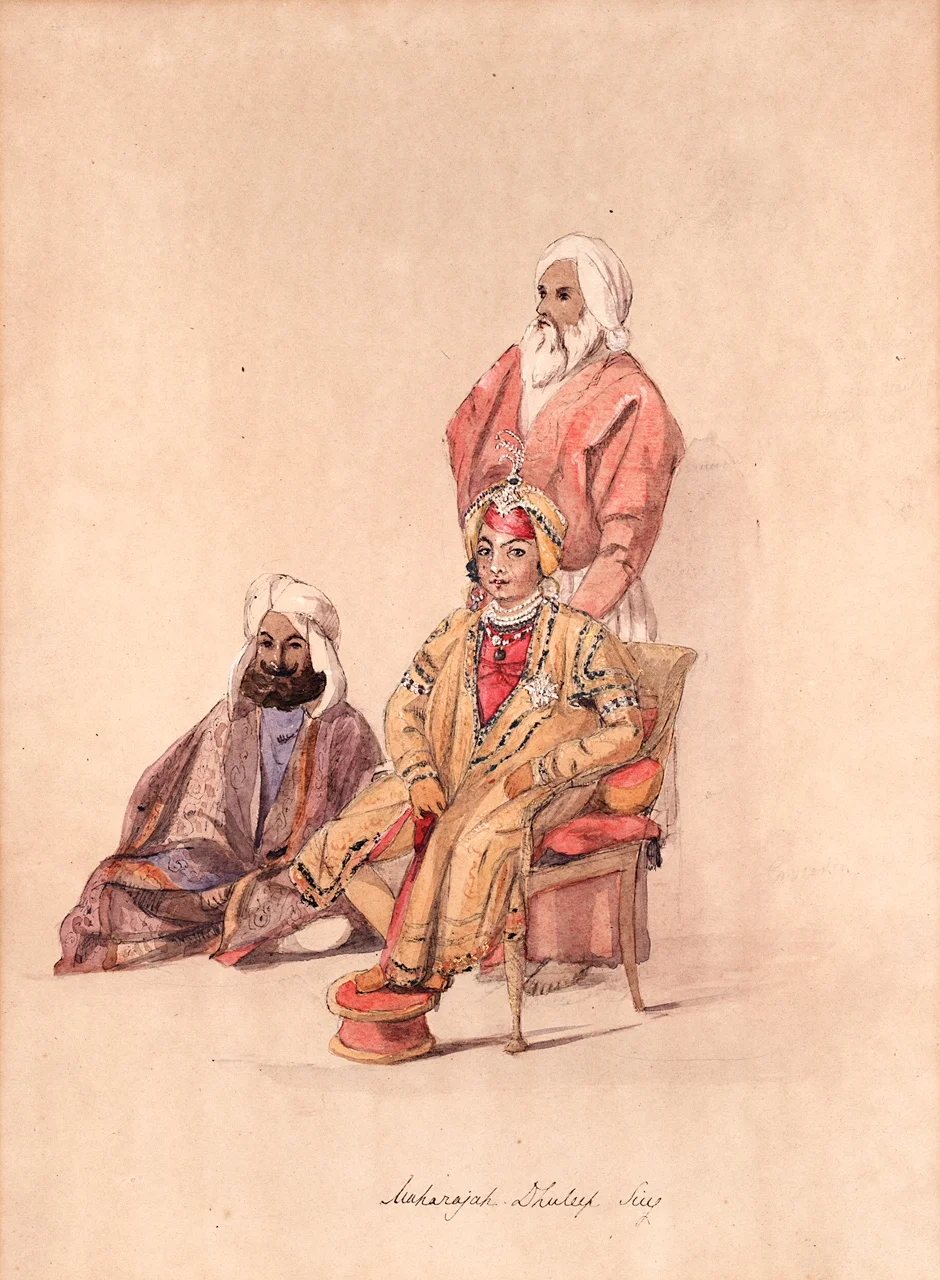 Watercolour of a seated maharaja in an embroidered robe with two attendants