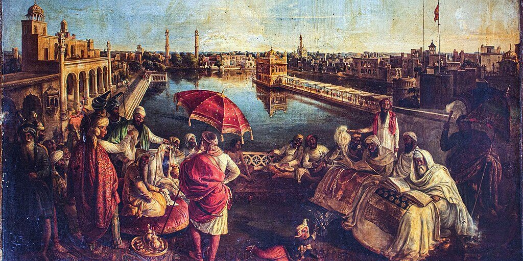 Maharaja Ranjit Singh at the Darbar Sahib in Amritsar — panoramic painting with the Golden Temple beside the sacred pool